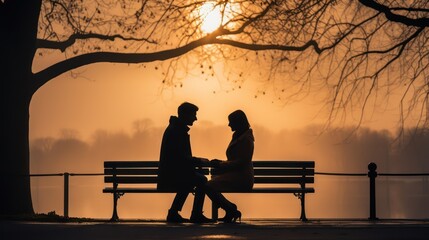 Fototapeta na wymiar silhouette of a couple sitting on a bench