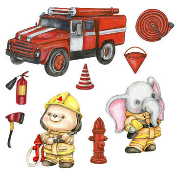 Watercolor Fireanimals and fire equipment set. Hand drawn cartoont funny illustration. Fire extinguisher, fire hose, bucket, car. For design invitations, poster, nursery clipart.