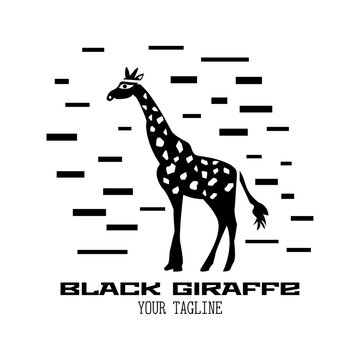 Black giraffe logo with text on white background with bricks	