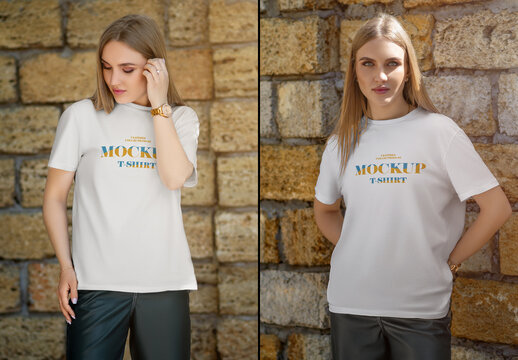 Mockup of a women's t-shirt on the Wall of cinder block made of shell rock