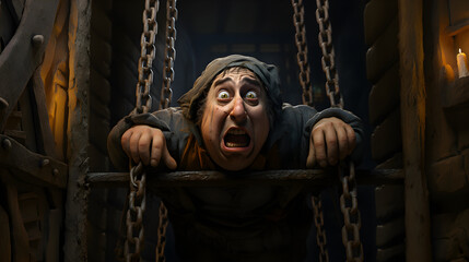 Caricature of a scared medieval peasant chained up in a dark torture chamber - obrazy, fototapety, plakaty