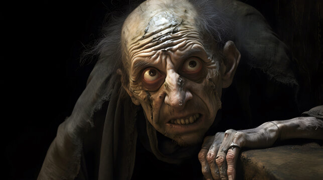 Caricature of dirty leper in a dark room displaying fear. Copy space. Outcast and ostracized concept.