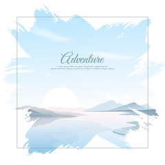 A gentle river bank and silhouettes of mountains in the distance. Morning twilight, sunrise. Vector illustration for banner, invitation, card, cover. Travel, mountain tourism, recreation in nature.
