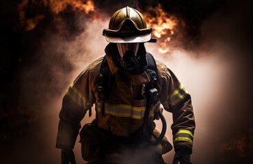Fototapeta premium Portrait of a male firefighter in equipment against the smoke from the fire