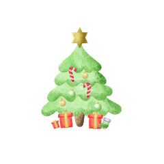 Christmas and New years celebrate concepts. Watercolor of Christmas tree with a golden star on top with red gift box or present and candy cane on white background.