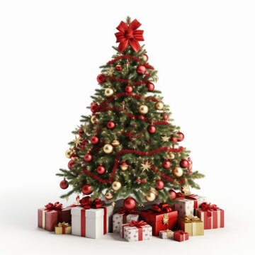 decorated christmas tree with presents on white background