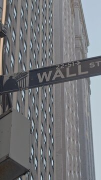 Wall street signpost, Financial District, Lower Manhattan, New York City, close up, vertical short video