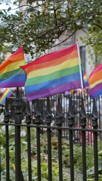 LGBT rainbow flags, 50th Stonewall riots anniversary celebration, vertical short, social media story