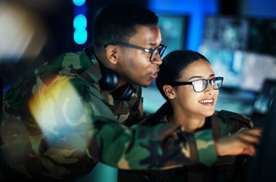 Military, surveillance and people with computer talking in office for cybersecurity, communication or control room monitor, Army, security or employee in collaboration on database research or support