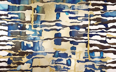Fototapeta na wymiar Abstract painting background with alcohol ink, glitter, blue, dark blue, black and gold spots and smudges. 
