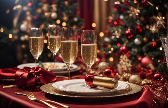 christmas eve party table with champagne flute with red and golden glitter