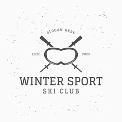 Retro ski sport template Logo element on vintage winter, with skis and mountain.Logo for ski sport, club, badge and label.