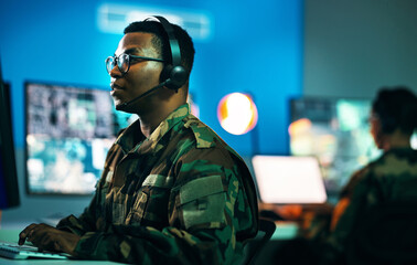 Army, control room and man on computer in office, data center and monitor for technical support,...