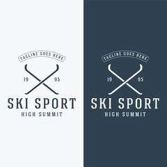 Retro ski sport template Logo element on vintage winter, with skis and mountain.Logo for ski sport, club, badge and label.