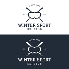 Retro ski sport template Logo element on vintage winter, with skis and mountain.Logo for ski sport, club, badge and label.