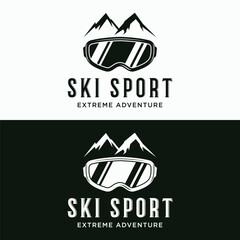 Retro ski sport template Logo element on vintage winter, with skis and mountain.Logo for ski sport, club, badge and label. - obrazy, fototapety, plakaty