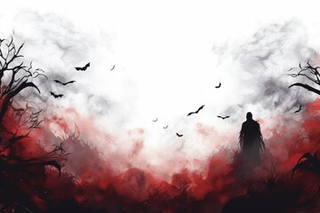 Halloween red watercolor wallpaper with dark silhouette. AI generated