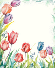 Watercolor of Tulip flowers frames . Frame of social media post. Concept of flora background, celebration, party, wedding event and invitation.