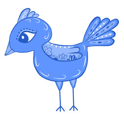 Cute folk bird with ornament in blue and white color