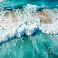 Fototapeten Spectacular aerial top view background photo of ocean sea water white wave splashing in the deep sea. Sea wave in bird eye waves. Made with generative ai © Farid