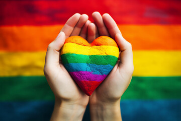 Hands drawing a heart with LGBTI colors on a rainbow flag