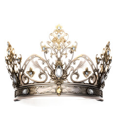 Silver crown decorated with flower-shaped gems, isolated on transparent background, Generative AI