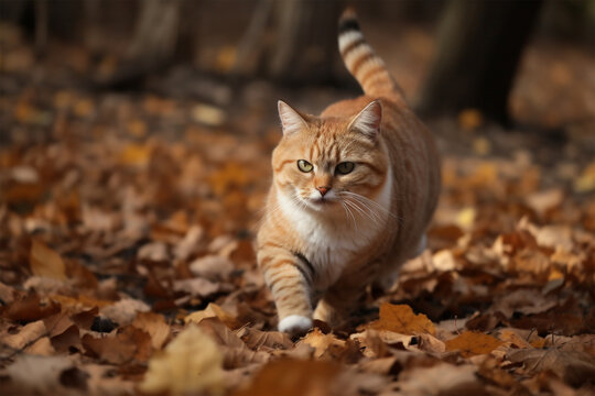 a fat cat runs on dry leaves