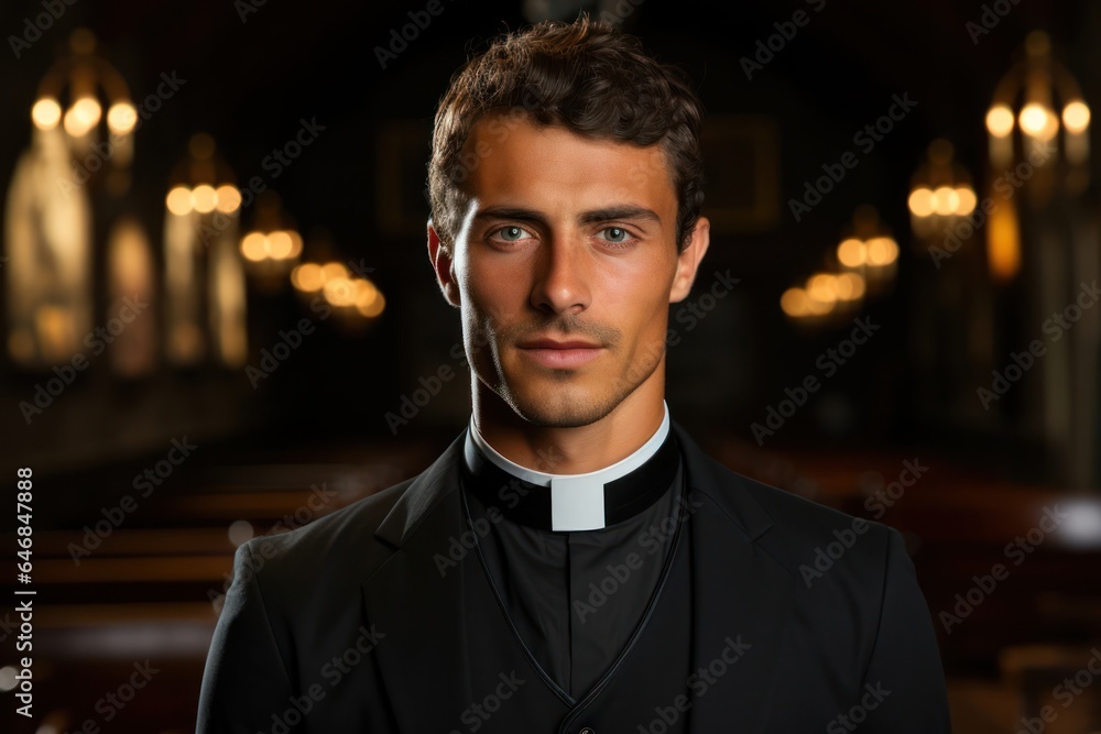 Poster caucasian man priest backdrop scene good looking generative ai