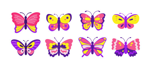 Colourful butterflies set isolated on white background.