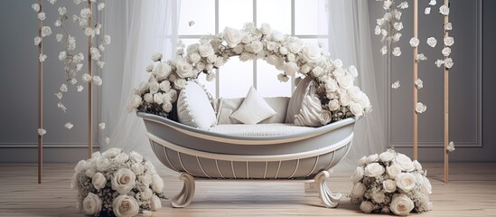 A cradle for a baby surrounded by white balls and roses in a gray room.