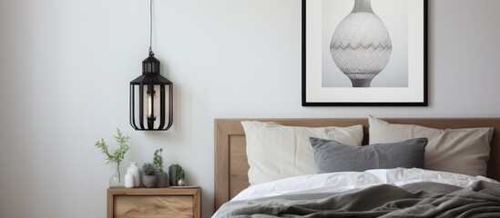 A monochromatic poster on the headboard of a plain bedroom, accompanied by a lantern on a bedside...