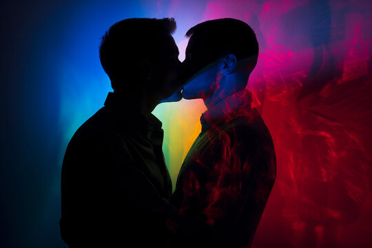 Gay couple kissing each other with pride colors