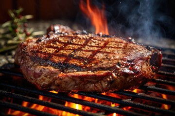 Generative ai of a perfectly grilled ribeye steak sizzling on a hot barbecue grill.