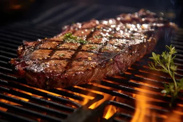  Generative ai of a perfectly grilled ribeye steak sizzling on a hot barbecue grill. © P Stock
