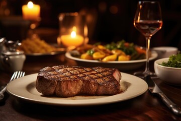 Generative ai of large, delicious steaks are served on a table in a restaurant, enjoyed by candlelight.
