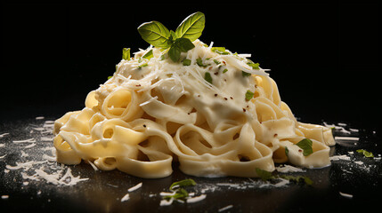 fettuccine alfredo with parmesan cheese isolated on black background. Generative AI.