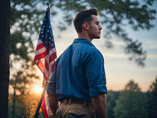 Attractive man in work clothes, holding tools and a US flag in his hands and looking into the distance against the background of trees, blue sky and sunset. View from the back. Labour Day Concept
