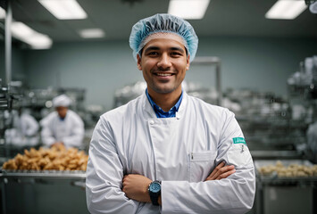 successful food factory man manager in sterile uniform with arms crossed smiling at the camera. hair net
