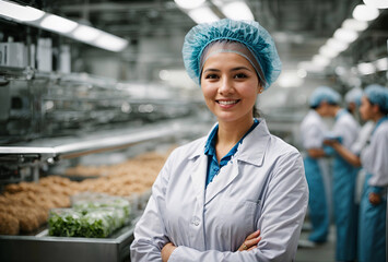successful food factory women manager in sterile uniform with arms crossed smiling at the camera....