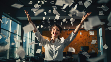 Happy businesswoman throwing papers in the air as a sign of victory and success in her work - obrazy, fototapety, plakaty