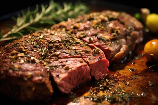 Closeup of beef steak is marinated with spices before being grilled. Generative ai