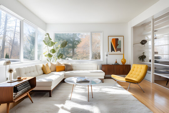 Mid century modern living room, interior photography, big window, bright sun.