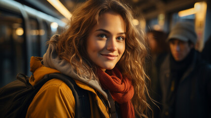 beautiful girl with long curly hair in a train station