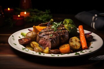 Generative ai of mouthwatering medium rare beef tenderloin steak with vegetables is placed on a plate on the dining table, ready to eat.