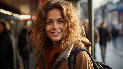 beautiful girl with long curly hair in a train station