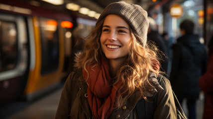 beautiful girl with long curly hair in a train station
