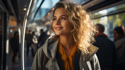 beautiful girl with long curly hair in a train station