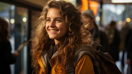 beautiful girl with long curly hair in a train station