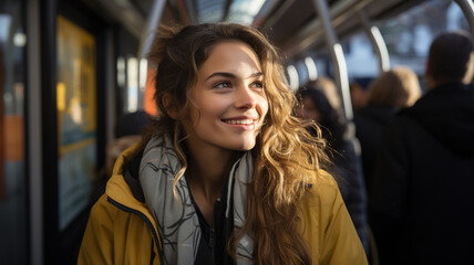 beautiful girl with long curly hair in a train station
