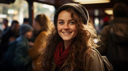 beautiful girl with long curly hair in a train station